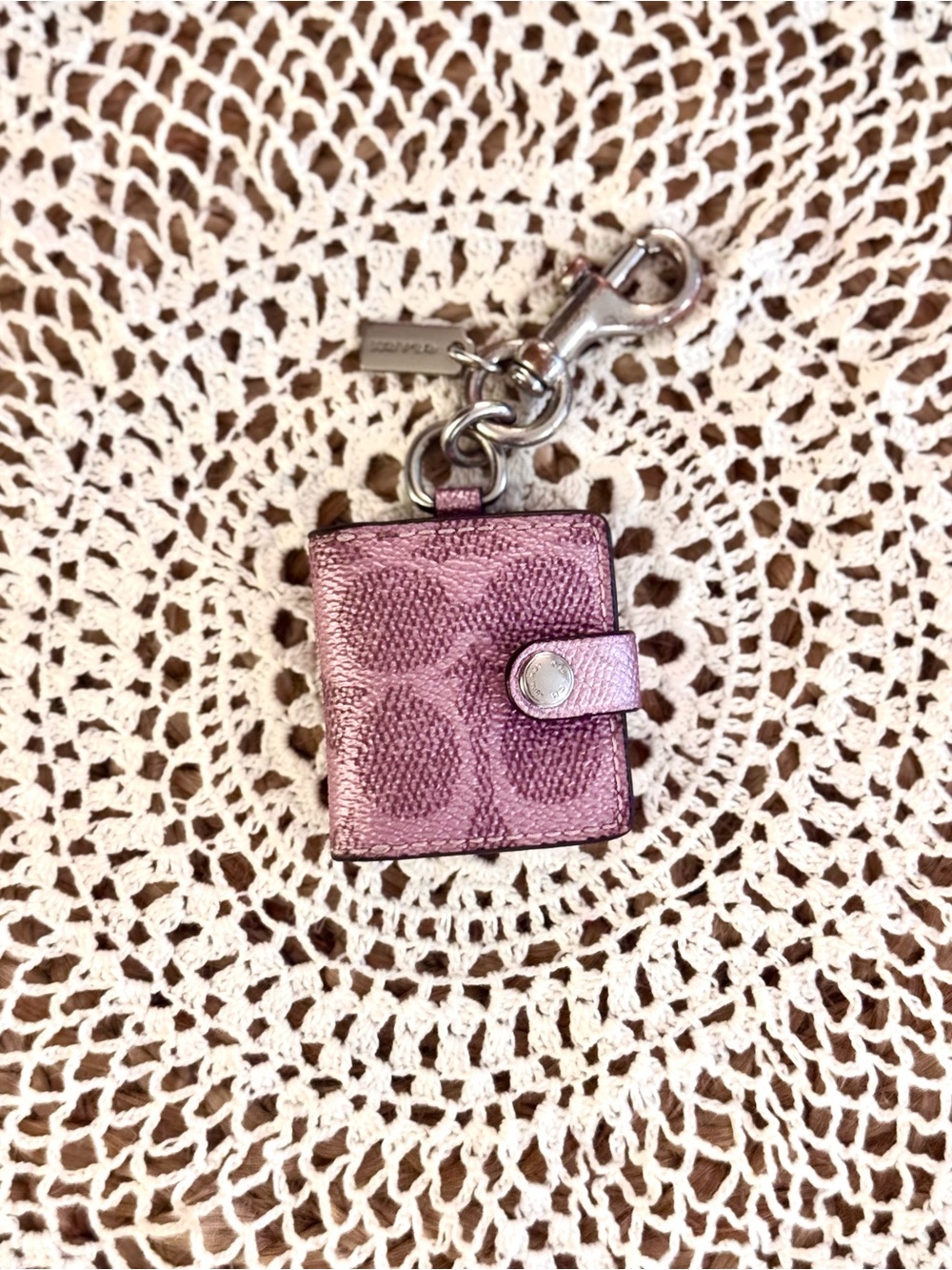 Coach Metallic Pink Signature Mini Wallet Keychain